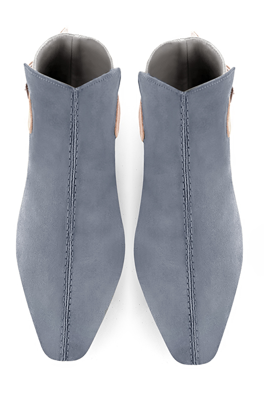 Mouse grey, light silver and powder pink women's ankle boots with buckles at the back. Square toe. Flat flare heels. Top view - Florence KOOIJMAN